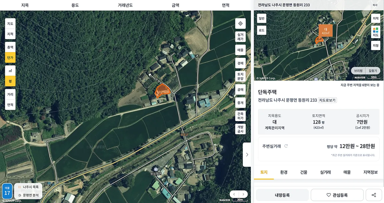 전남 나주 평지에 위치한 넓은 마당의 시골집 전경